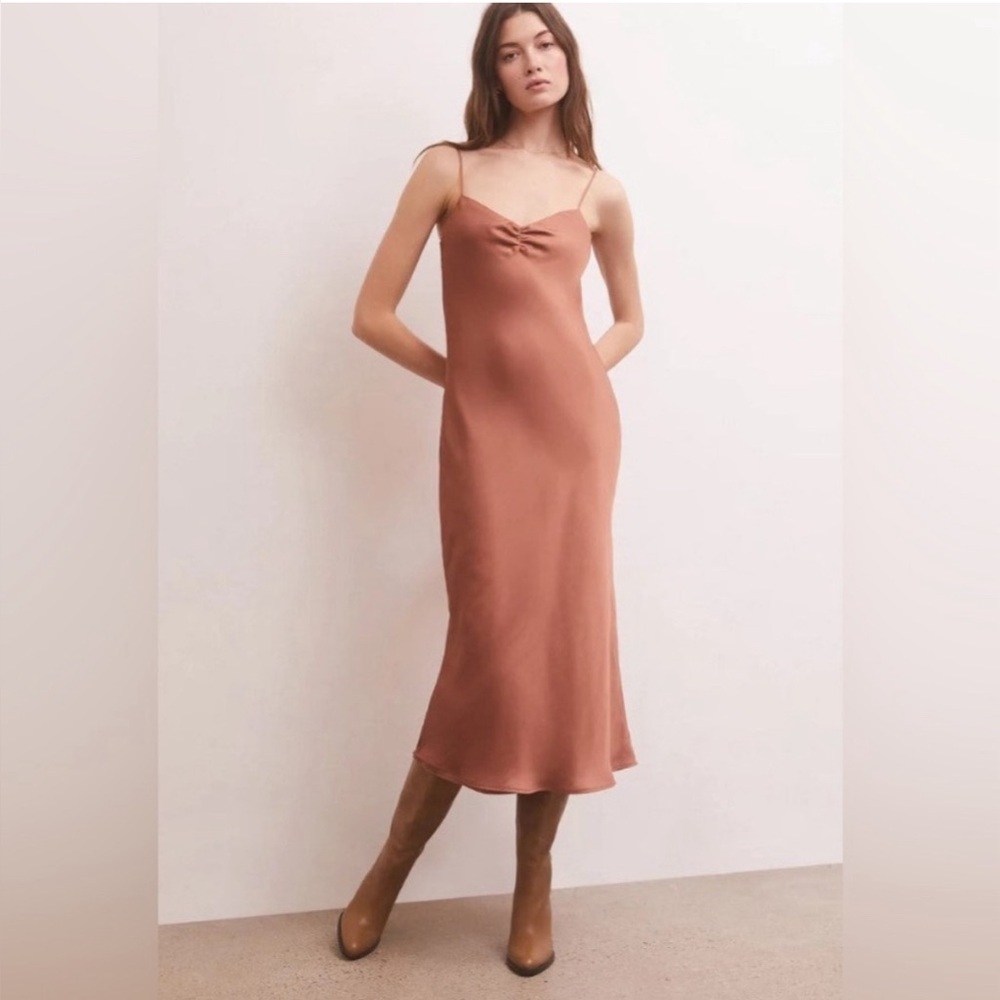Z Supply Lark Lux Satin Slip Midi Dress Copper Brown Large